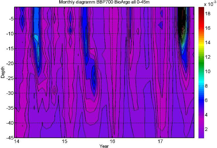 Monthly diagramm BBP700 BioArgo all 0-45m