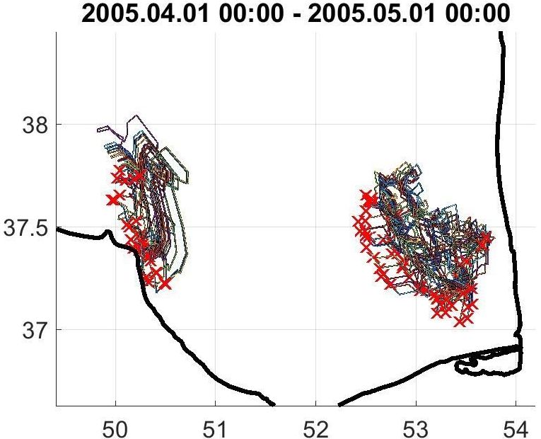 River waters distribution based on the results of the FOTS environment calculations in April 2005